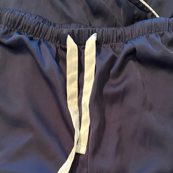 Elegant Navy Satin Pajama Set with white Accents size medium - Picture 2 of 5